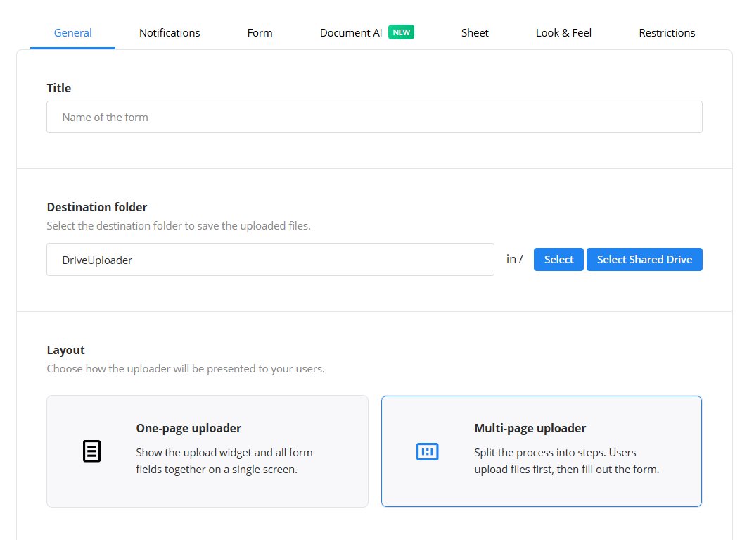 Choosing the uploader layout in the General tab